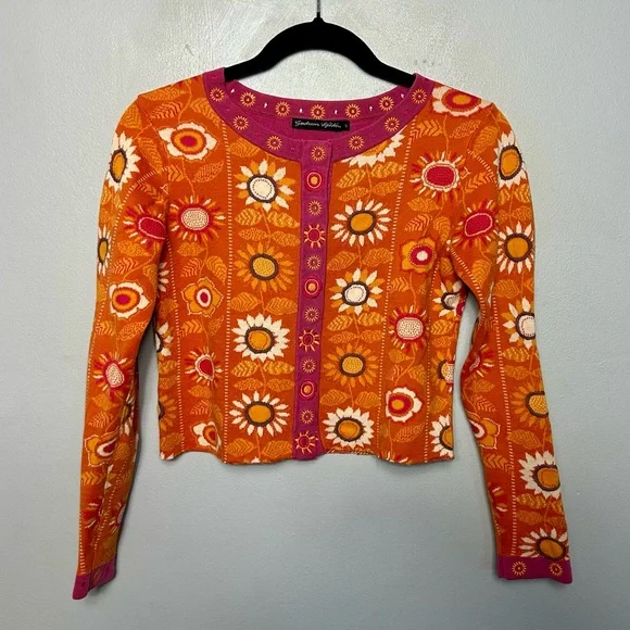 Gudrun Sjoden Floral Cardigan Sweater Cropped Size Small Orange - Picture 1 of 3